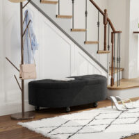 Dunkelgraue Sitzbank mit luxuriösem Velvet-Touch und integriertem Stauraum, Masse 120x46x42cm.