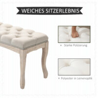 Beige Polsterbank im Vintage-Stil, gefertigt aus Gummiholz und Leinen. Eine Kombination aus Robustheit und Eleganz.