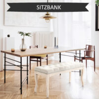 Beige Polsterbank im Vintage-Stil, gefertigt aus Gummiholz und Leinen. Eine Kombination aus Robustheit und Eleganz.