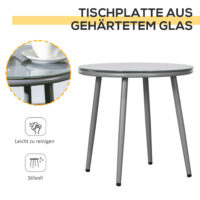 Graue Sitzgruppe mit zwei Sesseln und Couchtisch mit Stahlrahmen.