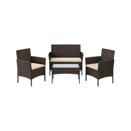 Rattan Sitzgruppe 4-teilig, Gartenbank, Sessel und Tisch, Rattan Natur