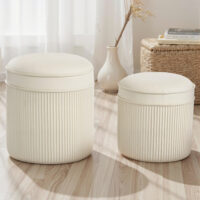 Sitzhocker rund 2er Set mit Stauraum Samtoptik cremeweiss