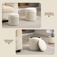 Sitzhocker rund 2er Set mit Stauraum Samtoptik cremeweiss