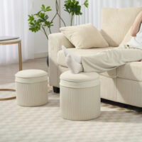 Sitzhocker rund 2er Set mit Stauraum Samtoptik cremeweiss