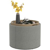 Ein runder grauer Sitzhocker in Leinenoptik mit Stauraum, Maße 56x42cm.