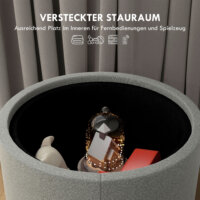 Ein runder grauer Sitzhocker in Leinenoptik mit Stauraum, Maße 56x42cm.