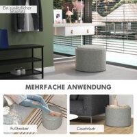 Ein runder grauer Sitzhocker in Leinenoptik mit Stauraum, Maße 56x42cm.