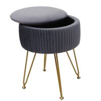 Sitzhocker mit Staufach Ø33cm Samt-Optik hellgrau Gestell gold