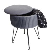 Sitzhocker mit Staufach Ø33cm Samt-Optik hellgrau Gestell schwarz
