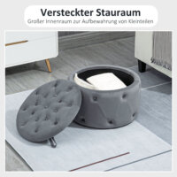 Ein grauer Sitzhocker mit Stauraum in runder Form und Samtoptik.