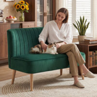 Sofa 2-Sitzer Retro mit Holzbeinen für Wohnzimmer dunkelgrün