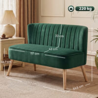Sofa 2-Sitzer Retro mit Holzbeinen für Wohnzimmer dunkelgrün