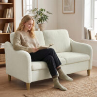 Sofa Couch 2-Sitzer klein für Wohnzimmer Sherpa-Fleece cremeweiss