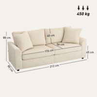 Sofa 3-Sitzer mit Kissen für Wohnzimmer Schlafzimmer Cord cremeweiss