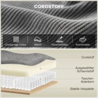 Sofa 3-Sitzer modern mit Federkern und Kissen Cord hellgrau