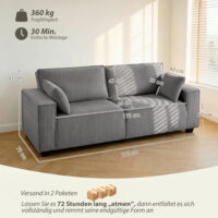 Sofa 3-Sitzer modern mit Federkern und Kissen Cord hellgrau