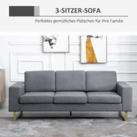 Sofa 3 Sitzer mit Kissen Leinenoptik Stoff dunkelgrau