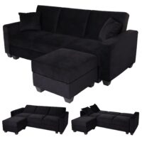 Sofa mit Ottomane Gästebett Schlaffunktion Stauraum 217x145cm Samt schwarz