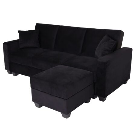 Sofa mit Ottomane Gästebett Schlaffunktion Stauraum 217x145cm Samt schwarz
