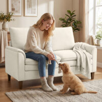 Sofa Zweisitzer mit Federkissen und hohem Rücken Chenille creme