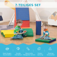 Bunte 7-teilige Softbausteine, ideal für das Kinderzimmer. Fördern die Kreativität und Motorik beim Bauen.