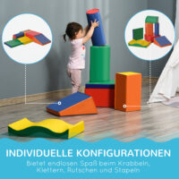Bunte 7-teilige Softbausteine, ideal für das Kinderzimmer. Fördern die Kreativität und Motorik beim Bauen.