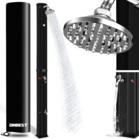 Schwarze Gartendusche mit 35L Wassertank und integriertem Thermometer.