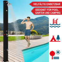 Schwarze Gartendusche mit 35L Wassertank und integriertem Thermometer.