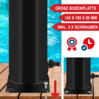 Schwarze Gartendusche mit 35L Wassertank und integriertem Thermometer.