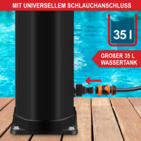 Schwarze Gartendusche mit 35L Wassertank und integriertem Thermometer.
