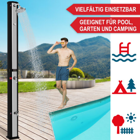 Hochwertige Solardusche in Silber-Schwarz mit 35L Tank.