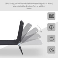 Schwarze Sonnenliege, 188x56x28cm, mit verstellbarer Rückenlehne.