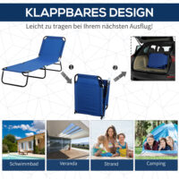 Blaue, klappbare Sonnenliege mit Dach und verstellbarer Rückenlehne.