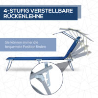 Blaue, klappbare Sonnenliege mit Dach und verstellbarer Rückenlehne.