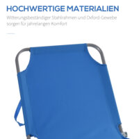 Blaue, klappbare Sonnenliege für die Terrasse, belastbar bis 120kg.