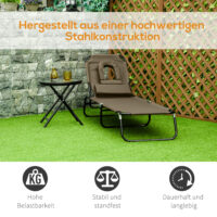 Braune, faltbare Sonnenliege mit Lesefenster.