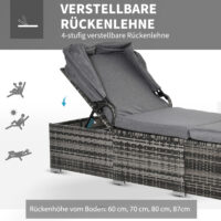 Graue Sonnenliege aus Polyrattan mit integriertem Sonnendach.