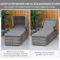 Graue Sonnenliege aus Polyrattan mit integriertem Sonnendach.