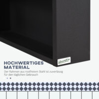 Ein moderner Spiegelschrank aus schwarzem Edelstahl mit einem Glasregal.