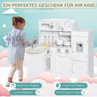 Weisse Spielküche für Kinder ab 3 Jahren, ausgestattet mit einem funktionsfähigen Wasserspender und einer Mikrowelle. Sie fördert Rollenspiele und Kreativität.