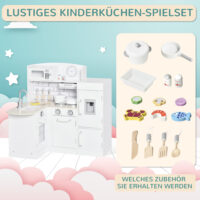 Weisse Spielküche für Kinder ab 3 Jahren, ausgestattet mit einem funktionsfähigen Wasserspender und einer Mikrowelle. Sie fördert Rollenspiele und Kreativität.