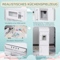 Weisse Spielküche für Kinder ab 3 Jahren, ausgestattet mit einem funktionsfähigen Wasserspender und einer Mikrowelle. Sie fördert Rollenspiele und Kreativität.