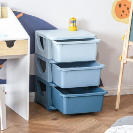 Blaue Kinderkommode zur Spielzeugaufbewahrung mit drei geräumigen Ebenen und bunten Stoffschubladen. Eine ideale Lösung, um das Kinderzimmer ordentlich und übersichtlich zu halten.