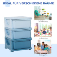 Blaue Kinderkommode zur Spielzeugaufbewahrung mit drei geräumigen Ebenen und bunten Stoffschubladen. Eine ideale Lösung, um das Kinderzimmer ordentlich und übersichtlich zu halten.