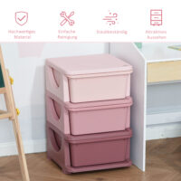 Rosa Kinderkommode mit drei Fächern und Stoffboxen, perfekt zur Spielzeugaufbewahrung und Organisation im Mädchenzimmer. Schafft schnell Ordnung und ist leicht zugänglich für kleine Kinder.