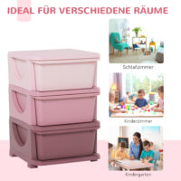 Rosa Kinderkommode mit drei Fächern und Stoffboxen, perfekt zur Spielzeugaufbewahrung und Organisation im Mädchenzimmer. Schafft schnell Ordnung und ist leicht zugänglich für kleine Kinder.