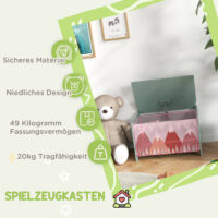 Grüne Spielzeugkiste für das Kinderzimmer mit einem niedlichen Tierdesign auf dem abnehmbaren Deckel. Perfekt zum schnellen Aufräumen und als dekoratives Element.