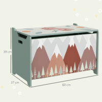 Grüne Spielzeugkiste für das Kinderzimmer mit einem niedlichen Tierdesign auf dem abnehmbaren Deckel. Perfekt zum schnellen Aufräumen und als dekoratives Element.