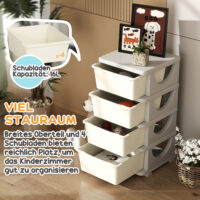 Cremeweisse Spielzeugkommode mit vier Ablagen, eine stilvolle und praktische Ergänzung für jedes Kinderzimmer zur geordneten Aufbewahrung von Spielzeug und Büchern.