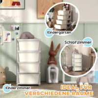 Cremeweisse Spielzeugkommode mit vier Ablagen, eine stilvolle und praktische Ergänzung für jedes Kinderzimmer zur geordneten Aufbewahrung von Spielzeug und Büchern.